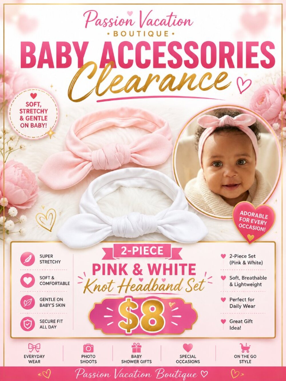 2-Piece Baby Girl Pink & White Knot Headband Set | Soft Stretchy Hair Bows